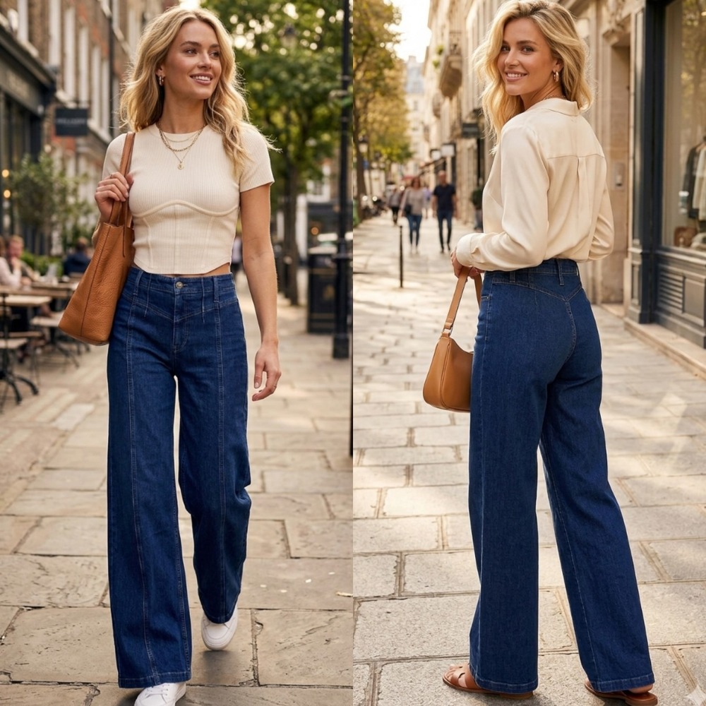 New We The Free Free People Libre Wide Leg Jeans Dark Wash Seam Detail 29x31 29